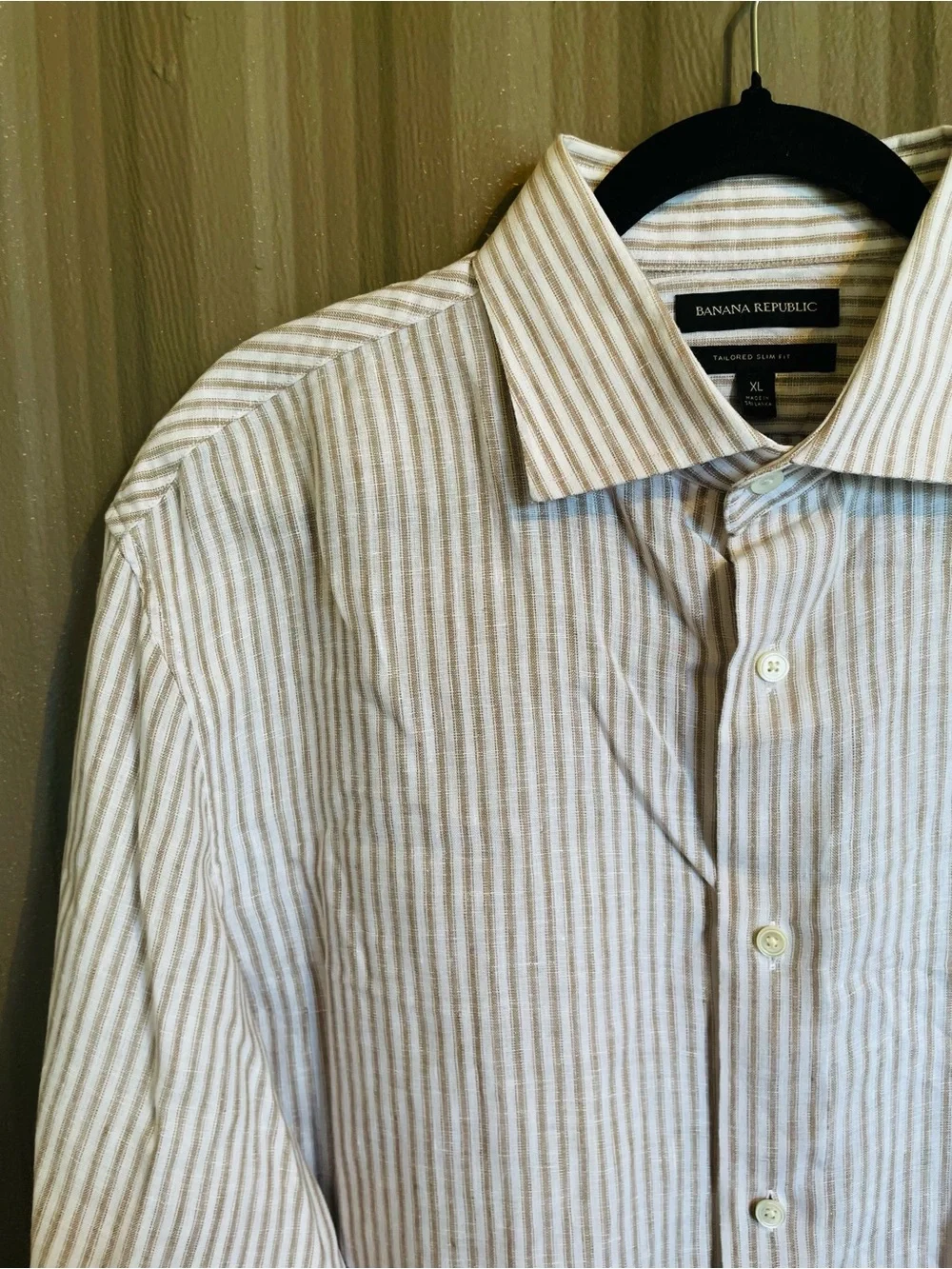 Banana Republic 100% Linen Shirt Brown Stripe Oxford Tailored Slim Fit Men's XL